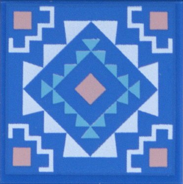 Tile 2 x 2 with Warm Pink Squares, Medium Azure Triangles in Diamond, White Background and Zigzag Corners Pattern