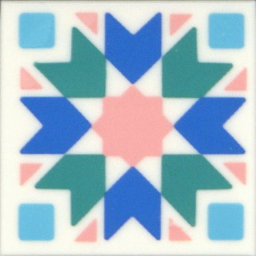 Tile 2 x 2 with Dark Turquoise and Blue Chevrons, Medium Azure Squares, Warm Pink Star and Triangles Pattern