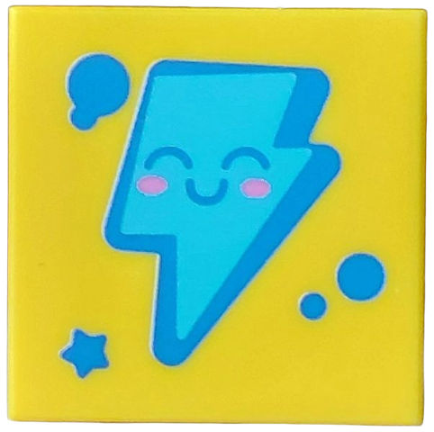 Tile 2 x 2 with Medium Azure Lightning Bolt with Face, Blue Outline, Eyes and Nose, Star and Dots, Dark Pink Cheeks Pattern