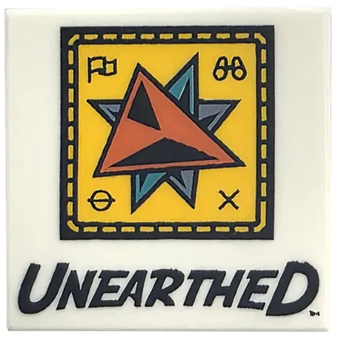 Tile 2 x 2 with 'UNEARTHED' and Black and Reddish Orange Triangles in Bright Light Orange Square Pattern