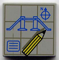 Tile 2 x 2 with Blue Blueprints, Letter N, and Compass Needle, Yellow Pencil on Dark Gray Grid Pattern
