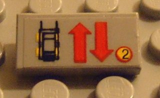 Tile 1 x 2 with Car, Red Up and Down Arrows, and '2' in Circle Pattern (Sticker) - Set 8082