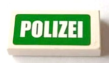 Tile 1 x 2 with White 'POLIZEI' on Green Background Pattern (Sticker) - Sets 7235-1 / 7236-1 / 7237