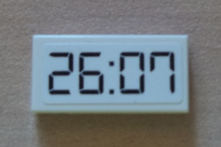 Tile 1 x 2 with Black '26:07' Digital Clock Pattern (Sticker) - Set 8423