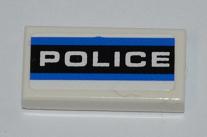 Tile 1 x 2 with Blue Stripes and White 'POLICE' on Black Background Pattern (Sticker) - Set 8197