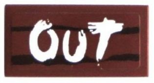 Tile 1 x 2 with White 'OUT' on Wood Grain Background Pattern (Sticker) - Set 70800