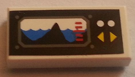 Tile 1 x 2 with Black Mountain Rising out of Blue Waves Display with White and Yellow Buttons Pattern (Sticker) - Set 8480