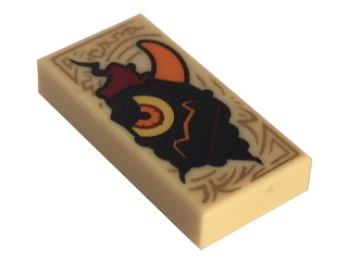 Tile 1 x 2 with Dark Tan Markings and Black Monster Head with Yellow Eye and Orange Horn Pattern (Nexo Knights Book of Evil)