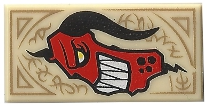 Tile 1 x 2 with Dark Tan Markings and Red Monster Head with White Sharp Teeth and Black Horn Pattern (Nexo Knights Book of Monsters)