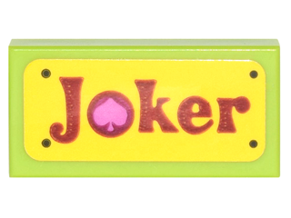 Tile 1 x 2 with Red 'Joker' with Dark Pink Spade on Yellow Background Pattern (Sticker) - Set 70906