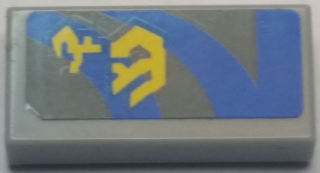 Tile 1 x 2 with Yellow Markings and Blue Curved and Straight Lines on Dark Bluish Gray Background Pattern Model Left Side (Sticker) - Set 7962