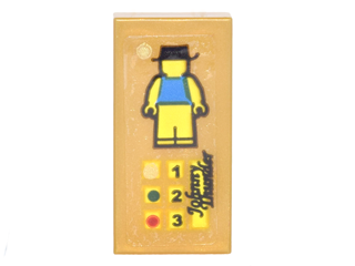 Tile 1 x 2 with Card with Yellow Minifigure with Blue Shirt and Black Hat, Numbers and Black Script 'Johnny Thunder' Pattern (Sticker) - Set 70620