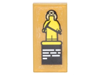 Tile 1 x 2 with Card with Yellow Minifigure Statue with Helmet, Goggles, Axe and White Text Lines Pattern (Sticker) - Set 70620