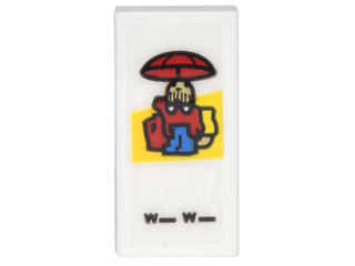 Tile 1 x 2 with Card with Figure Holding Red Umbrella and Black 'W_W_' Pattern (Sticker) - Set 70620