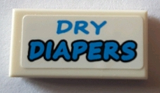 Tile 1 x 2 with Blue 'DRY DIAPERS' Pattern (Sticker) - Set 71016