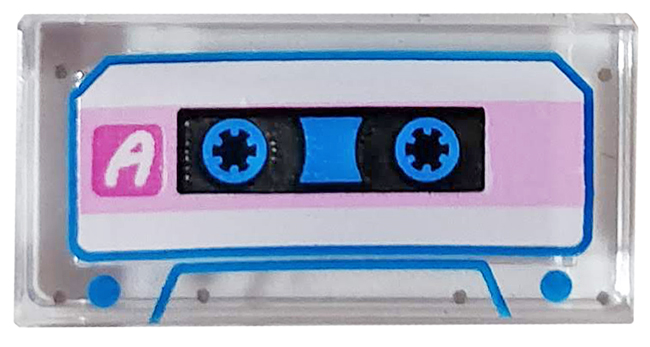 Tile 1 x 2 with Audio Cassette with White Letter A, Bright Pink Stripe, and Blue Trim Pattern
