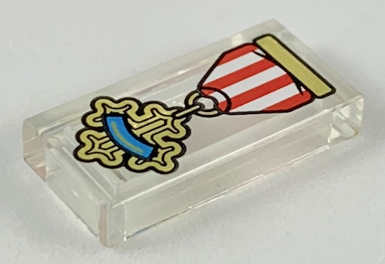 Tile 1 x 2 with Red and White Ribbon, Gold Cross Medal with Dark Azure Stripe Pattern