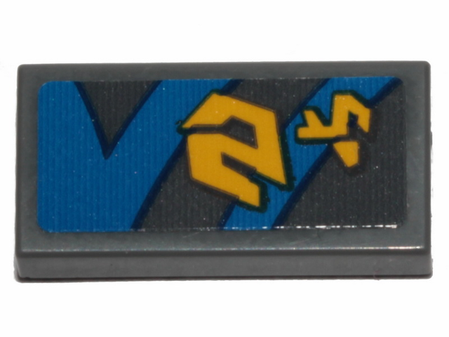 Tile 1 x 2 with Yellow Markings and Blue Curved and Straight Lines with Black Outline on Dark Bluish Gray Background Pattern Model Left Side (Sticker) - Set 75258