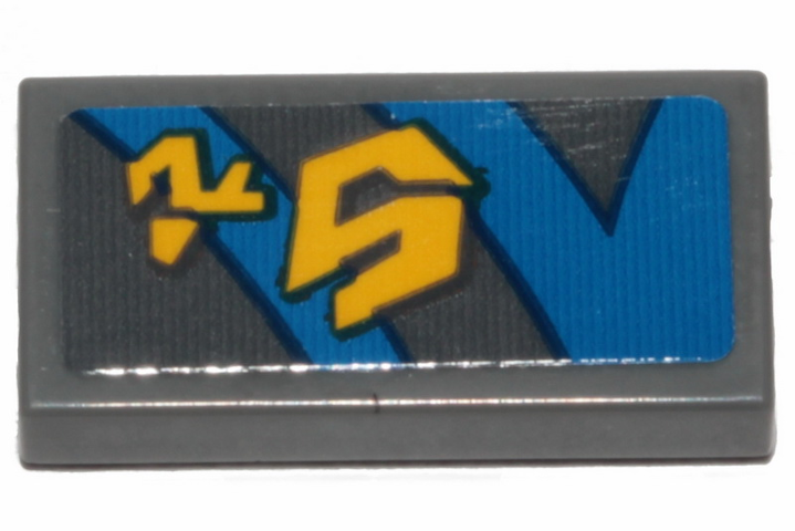 Tile 1 x 2 with Yellow Markings and Blue Curved and Straight Lines with Black Outline on Dark Bluish Gray Background Pattern Model Right Side (Sticker) - Set 75258