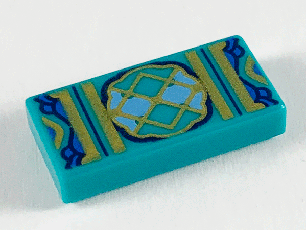 Tile 1 x 2 with Gold Lattice with Dark Blue and Bright Light Blue Trim Pattern