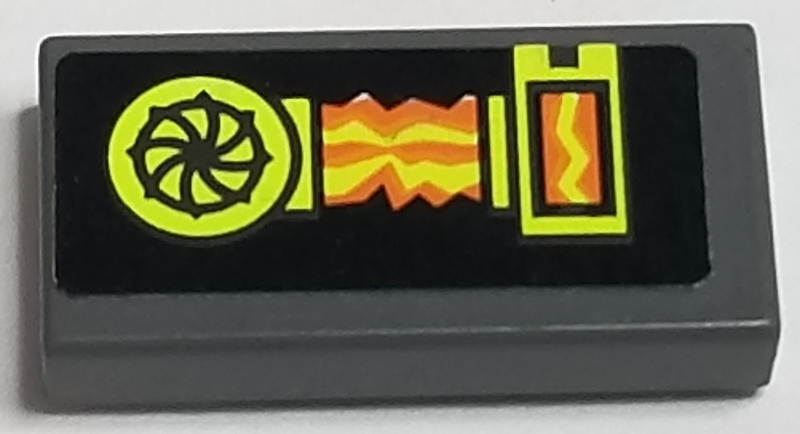 Tile 1 x 2 with Lime Capacitor and Yellow and Orange Electrical Current on Black Background Pattern (Sticker) - Set 7690