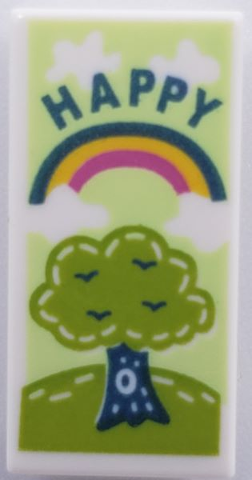 Tile 1 x 2 with Tree, Rainbow and 'HAPPY' Pattern