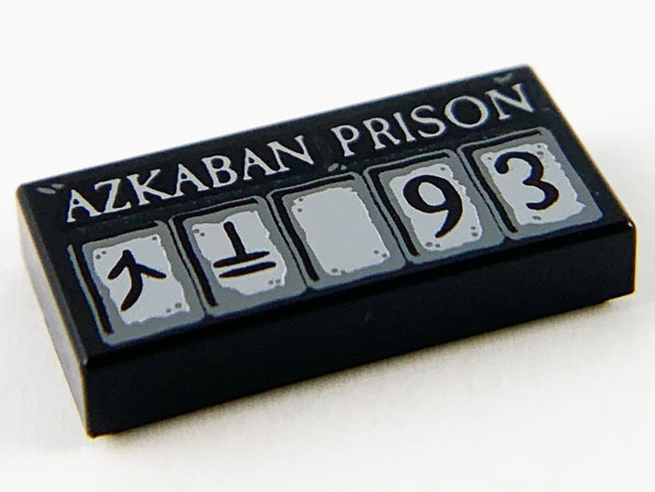Tile 1 x 2 with Light Bluish Gray 'AZKABAN PRISON' and Squares, Black Runes and '93' Pattern