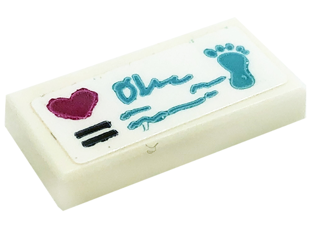 Tile 1 x 2 with Magenta Heart, Black Lines, Medium Azure Scribbles and Footprint Pattern (Sticker) - Set 41318