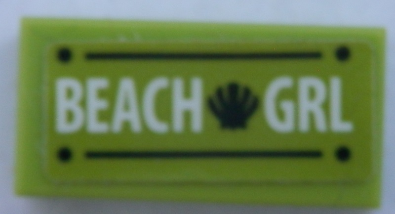 Tile 1 x 2 with White 'BEACH GRL', Black Shell, Lines, and Dots Pattern (Sticker) - Set 41316