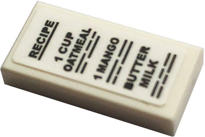 Tile 1 x 2 with 'RECIPE', '1 CUP OATMEAL', '1 MANGO', and 'BUTTER MILK' Pattern (Sticker) - Set 21324