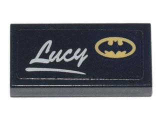 Tile 1 x 2 with Script 'Lucy' and Yellow Batman Logo Pattern (Sticker) - Set 70840