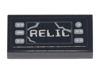Tile 1 x 2 with 'RELIC', Silver Buttons, and Cracked Screen Pattern (Sticker) - Set 70840