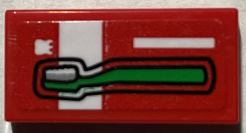 Tile 1 x 2 with Green Toothbrush, White Tooth and Stripes Pattern (Sticker) - Set 21330