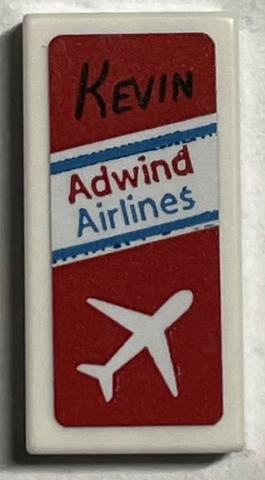 Tile 1 x 2 with 'KEVIN', 'Adwind Airlines', and White Airplane on Red Background Pattern (Sticker) - Set 21330