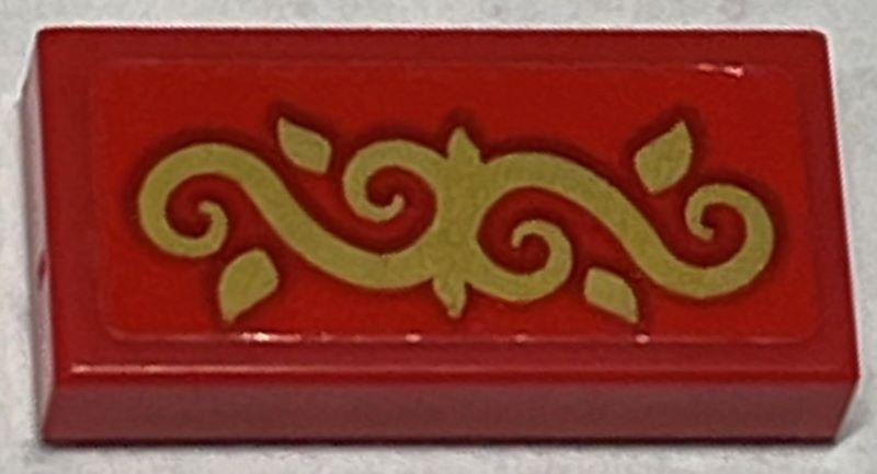 Tile 1 x 2 with Gold Scrollwork on Red Background Pattern (Sticker) - Set 40499