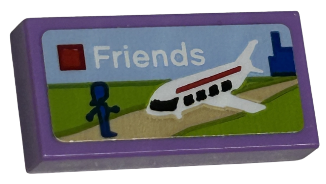 Tile 1 x 2 with LEGO Friends Set Box Art, Blue Mini Doll Silhouette and White Airplane Pattern (Sticker) - Sets 40528 / 40574