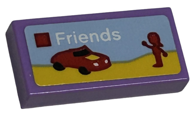 Tile 1 x 2 with LEGO Friends Set Box Art, Red Mini Doll Silhouette and Car Pattern (Sticker) - Sets 40528 / 40574
