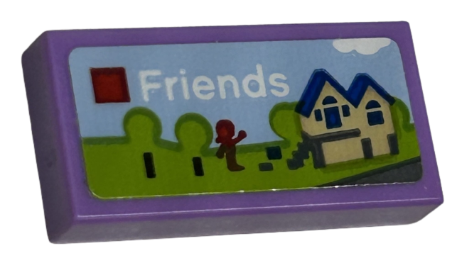 Tile 1 x 2 with LEGO Friends Set Box Art, Red Minifigure Silhouette and Tan House Pattern (Sticker) - Sets 40528 / 40574