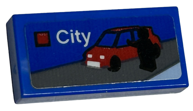 Tile 1 x 2 with LEGO City Set Box Art, Black Minifigure Silhouette and Red Car with Blue Side Windows Pattern (Sticker) - Set 40528