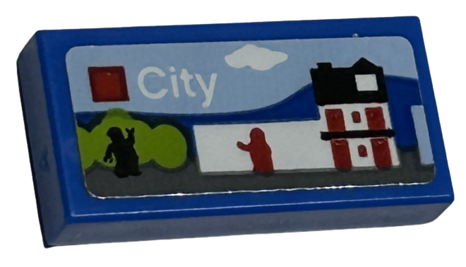 Tile 1 x 2 with LEGO City Set Box Art, Black and Red Minifigure Silhouettes and White House Pattern (Sticker) - Sets 40528 / 40574