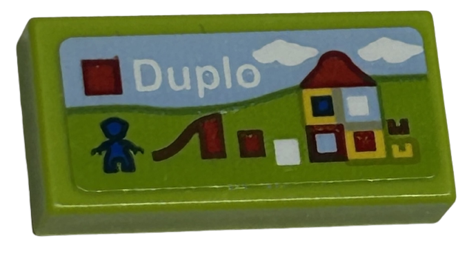 Tile 1 x 2 with LEGO Duplo Set Box Art, Blue Minifigure Silhouette, Slide, and House Pattern (Sticker) - Sets 40528 / 40574