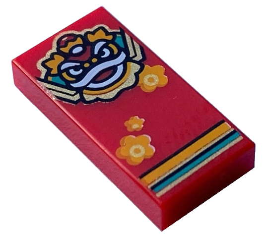 Tile 1 x 2 with Bright Light Orange, White, Dark Turquoise and Gold Lion / Nian Head, Flowers and Stripes Pattern