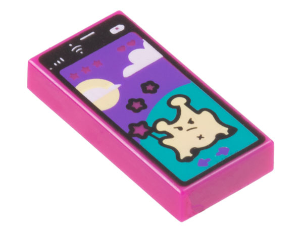 Tile 1 x 2 with Cell Phone / Smartphone with Game with Bright Light Yellow Alien on Dark Turquoise Hill, Sun, Clouds, and Dark Purple Sky Pattern