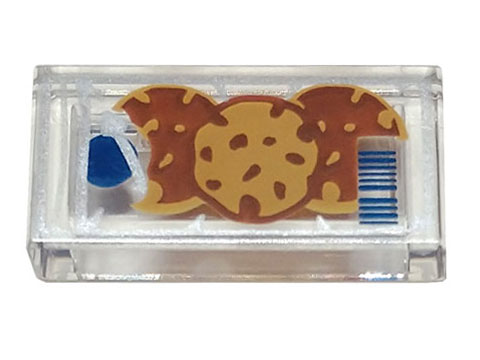 Tile 1 x 2 with Blue and Silver Classic Space Logo, Reddish Brown and Medium Nougat Cookies, Blue Barcode Pattern