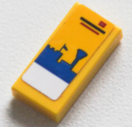 Tile 1 x 2 with Blue and White Legoland Park Skyline, Castle, Flag and Tower on Yellow Background Pattern (Sticker) - Set 40346