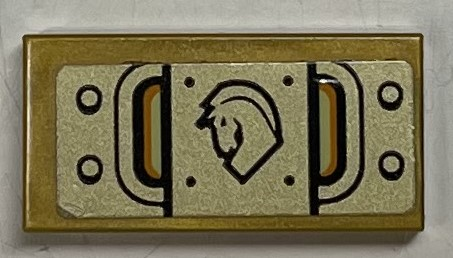 Tile 1 x 2 with Gold Armor Plate, Horse Head Emblem, and Rivets Pattern (Sticker) - Set 72001