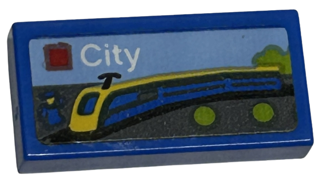 Tile 1 x 2 with LEGO City Set Box Art, Blue and Yellow Train Pattern (Sticker) - Set 40574