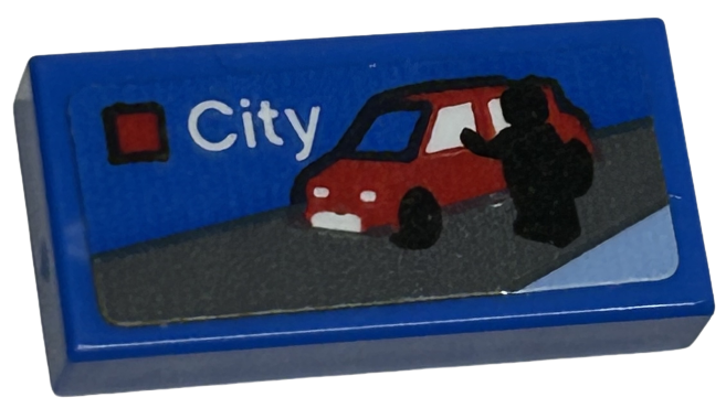 Tile 1 x 2 with LEGO City Set Box Art, Black Minifigure Silhouette and Red Car with White Side Windows Pattern (Sticker) - Set 40574