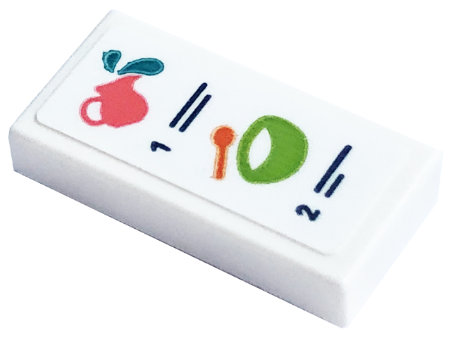 Tile 1 x 2 with Dark Blue Number 1 and 2, Lines, Spoon, Lime Bowl and Coral Jug with Water Splashes Pattern (Sticker) - Set 41754