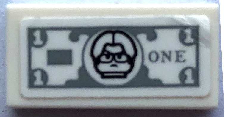 Tile 1 x 2 with Light Bluish Gray 1 Paper Bill with Minifigure Head (One Schrute Buck) Pattern (Sticker) - Set 21336